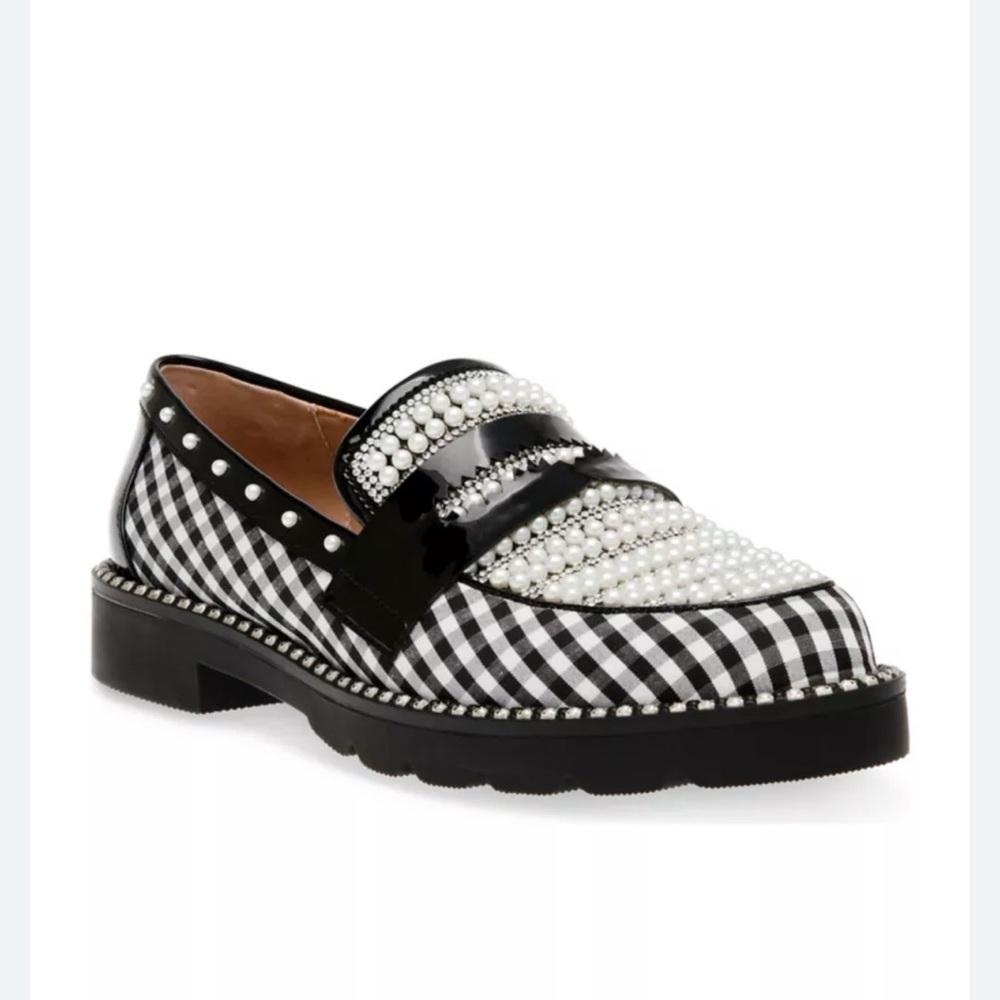 Betsey Johnson DARIAN Black and White Gingham Pearl Loafers